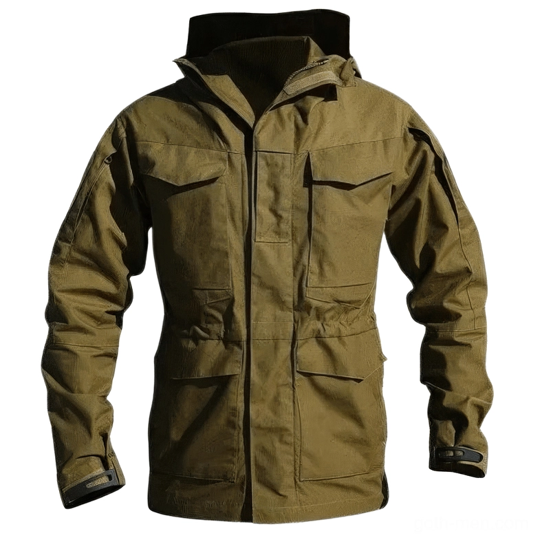 Army green tactical flight jacket front view showing reinforced utility pockets and durable canvas-like fabric
