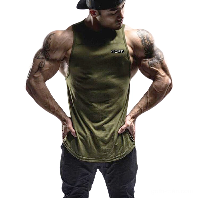 Army green gothic tank top for men with chest logo on cap-wearing model