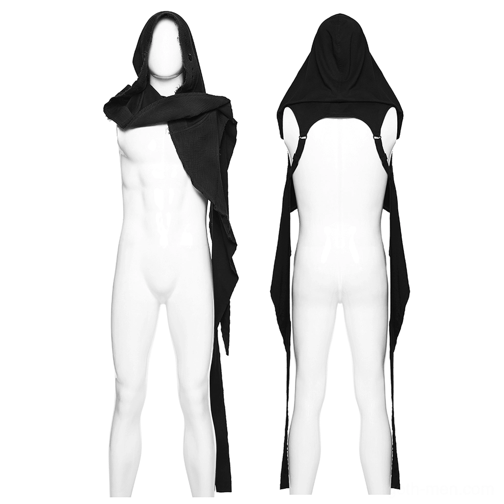 Black asymmetric drape cape vest backless silhouette on white mannequin display