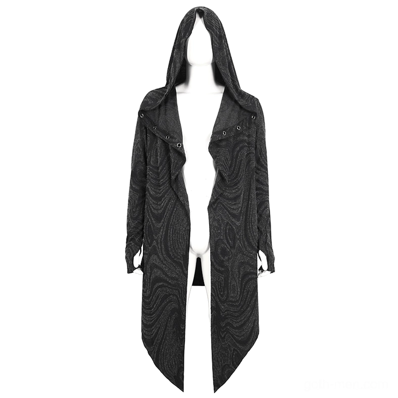 Display mannequin showcasing gothic hooded coat front with snap fastener collar and marbled pattern