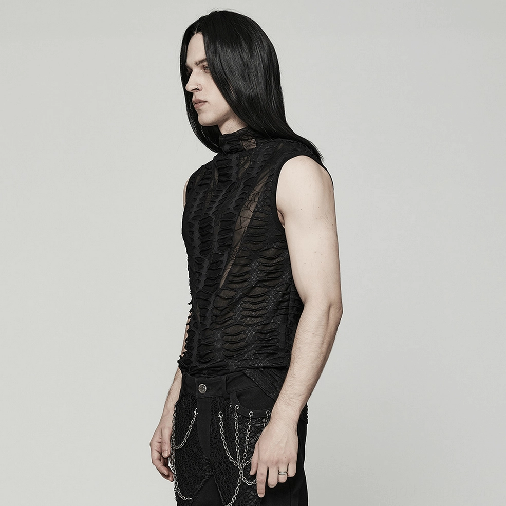 Asymmetric gothic mesh sleeveless top for men - avant-garde punk design statement piece
