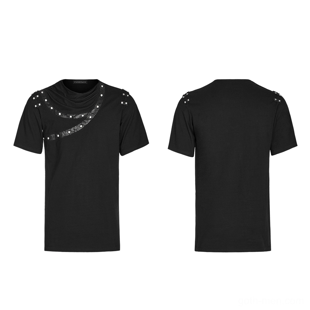 Front and back flat lay comparison of asymmetric gothic punk rivet leather t-shirt black