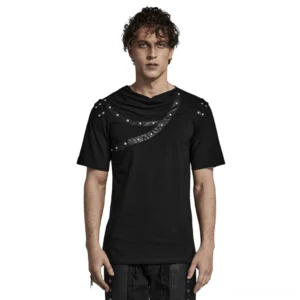 Asymmetric gothic punk rivet cracked leather t-shirt front view on male model studio shot