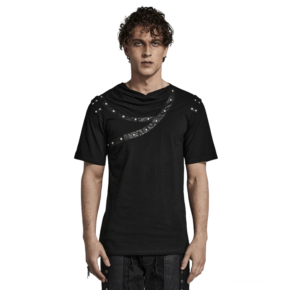 Asymmetric gothic punk rivet cracked leather t-shirt front view on male model studio shot