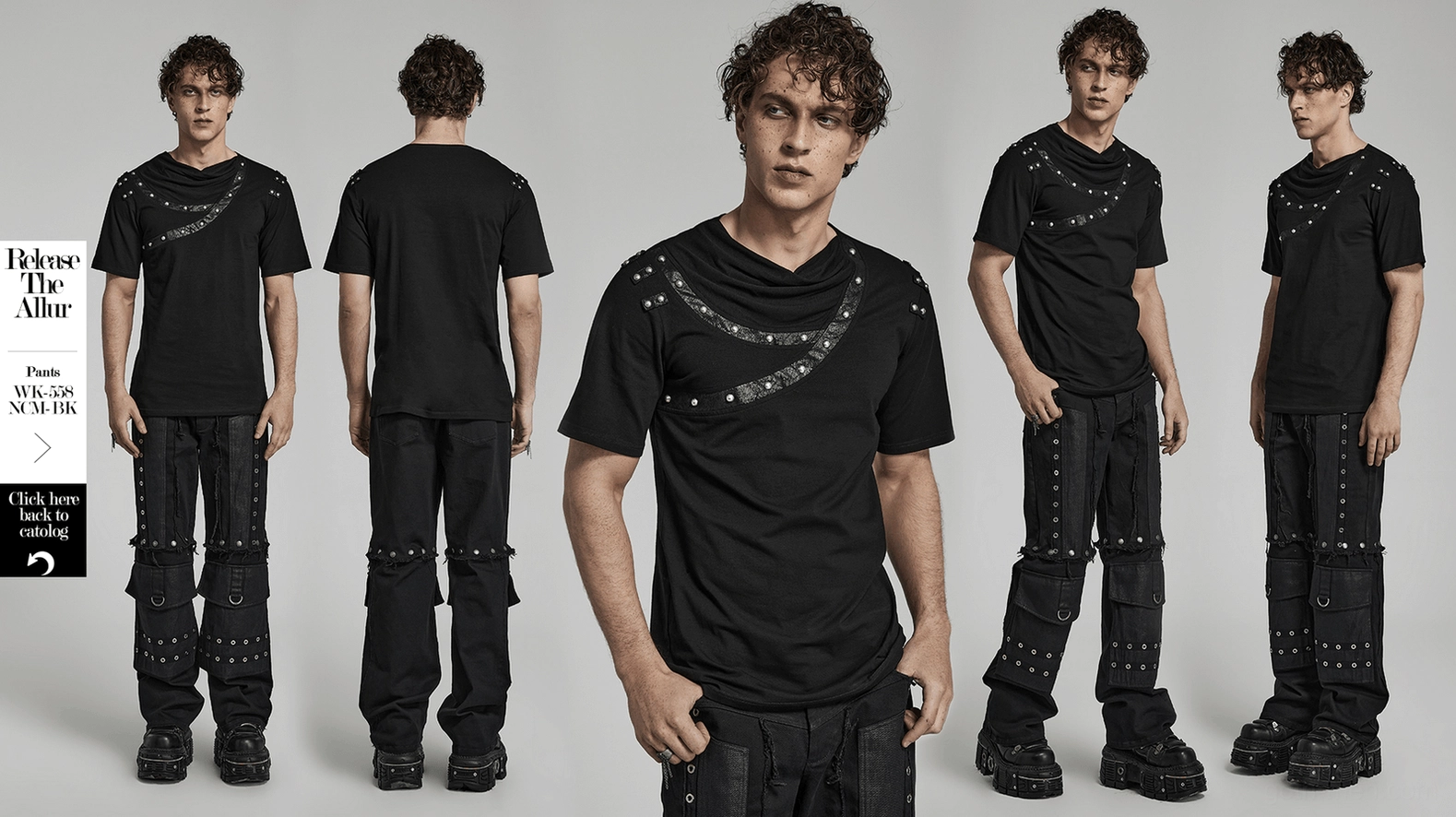 Asymmetric gothic punk rivet cracked leather t-shirt lifestyle showcase hero image
