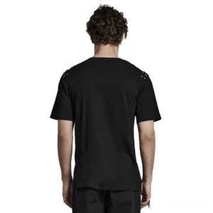 Asymmetric gothic punk rivet t-shirt back view showing shoulder stud details on model