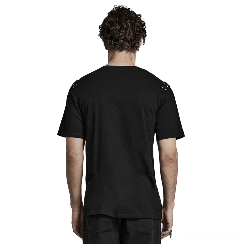 Asymmetric gothic punk rivet t-shirt back view showing shoulder stud details on model