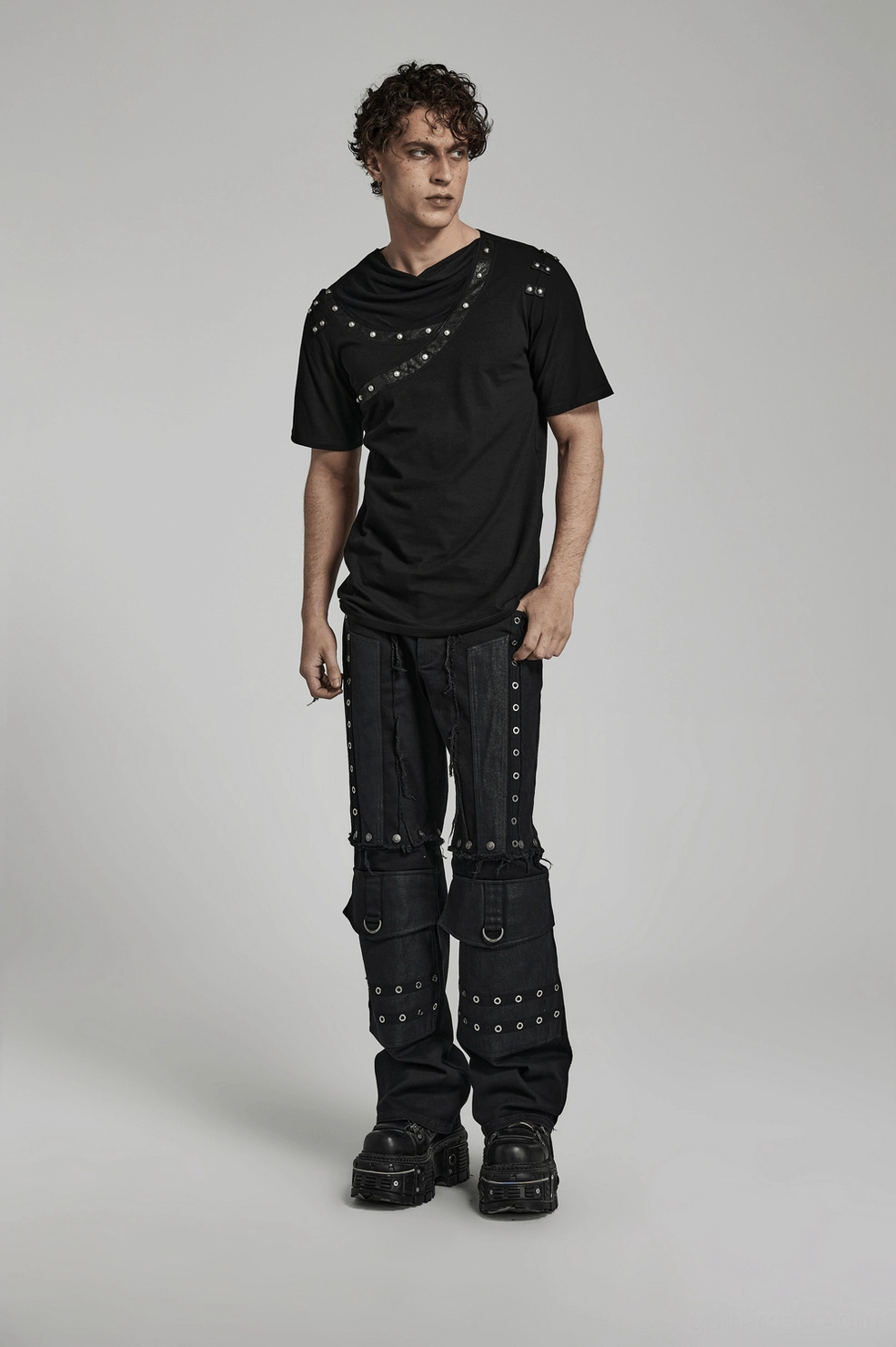 Complete asymmetric gothic punk t-shirt product showcase black fitted silhouette