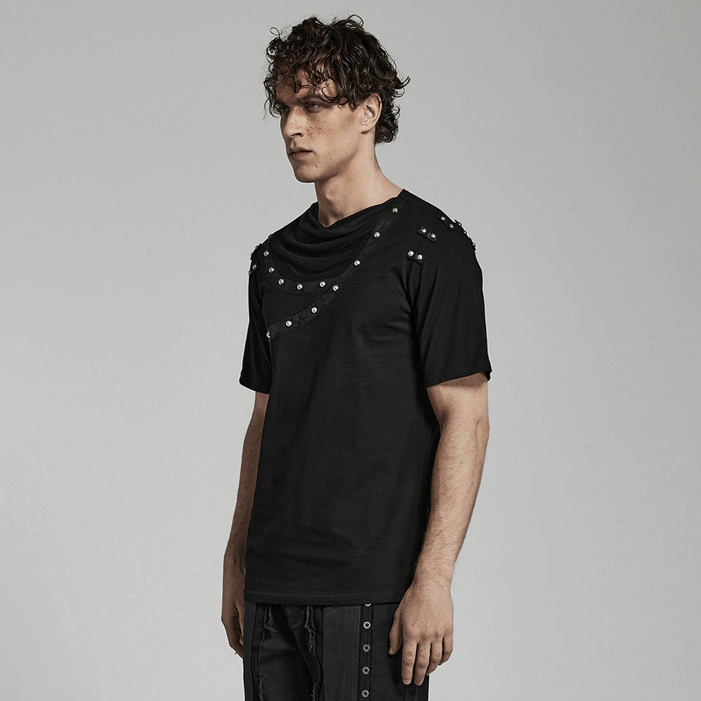 Asymmetric gothic punk rivet leather t-shirt additional view black color detail