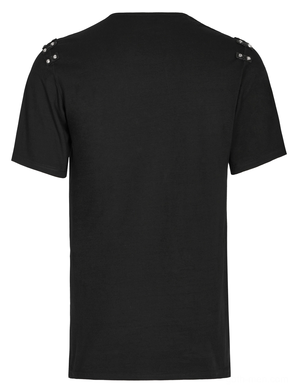 Rear flat lay of asymmetric gothic punk t-shirt with shoulder rivet embellishments