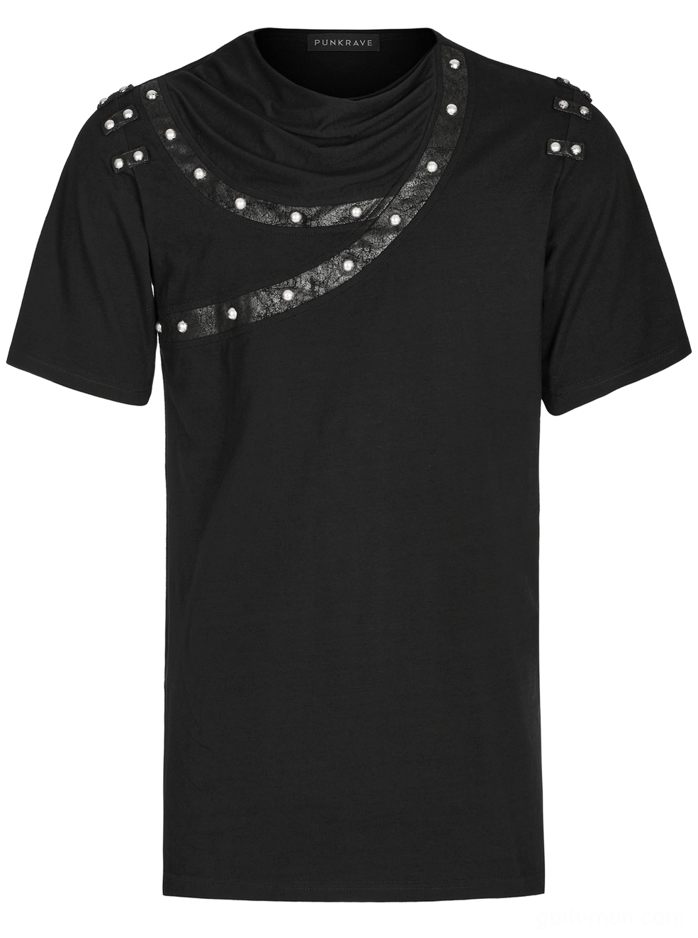 Front flat lay of asymmetric gothic punk t-shirt with cracked leather rivet strap detail
