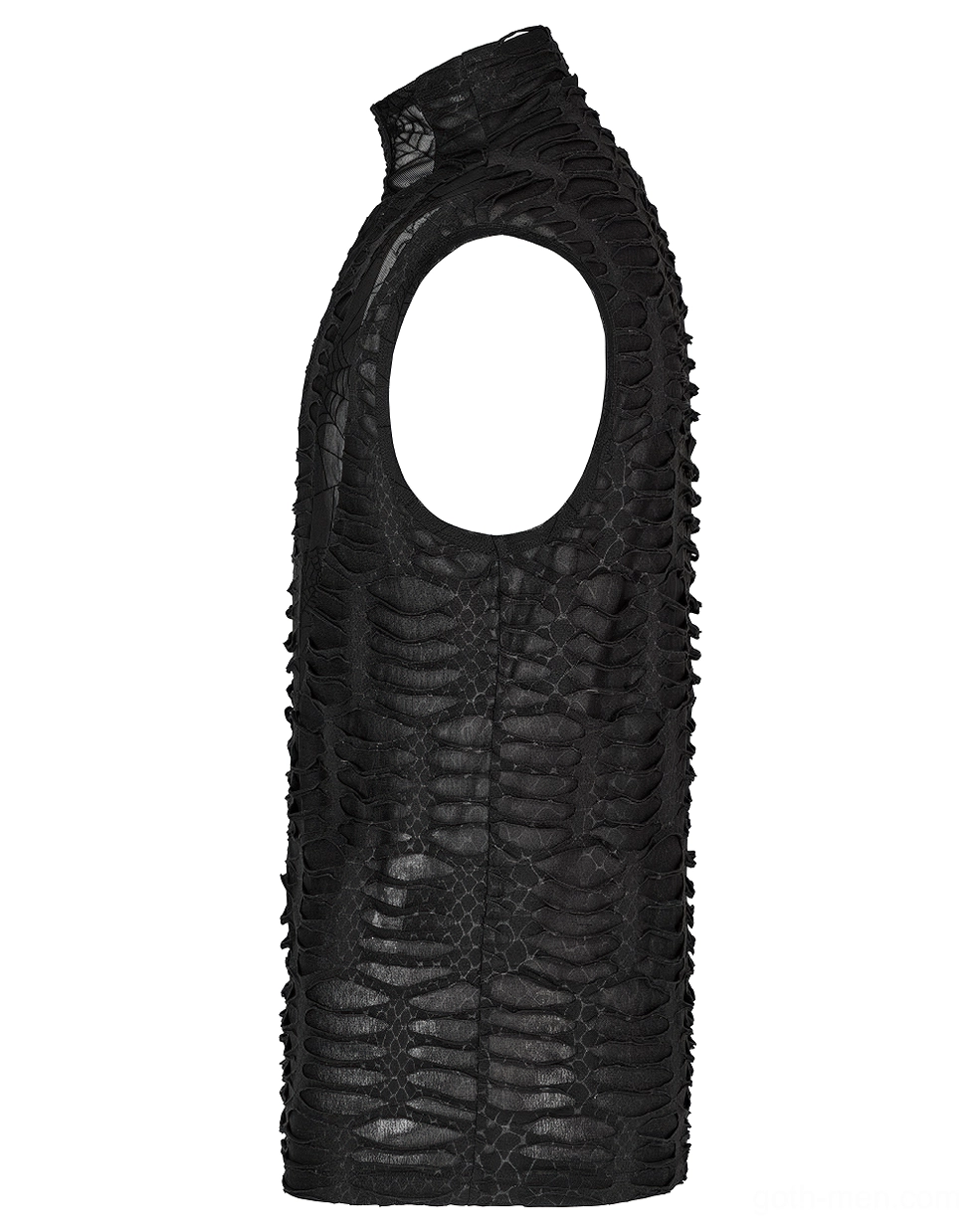 Asymmetric gothic sleeveless top men side view - sleeveless cutout design with distressed mesh fabric