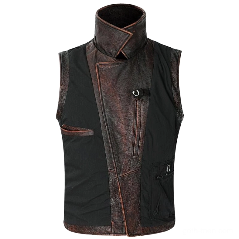 Men's asymmetric leather vest front three-quarter angle with stand collar and mixed leather construction
