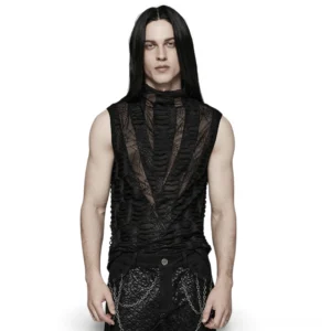Asymmetric mesh gothic sleeveless tank top for men - front view with sharp teeth design and distressed web pattern