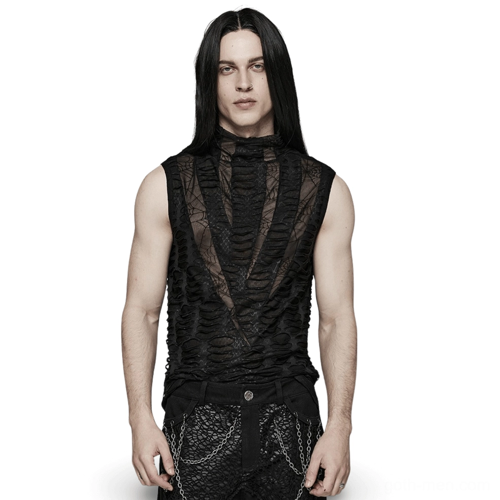 Asymmetric mesh gothic sleeveless tank top for men - front view with sharp teeth design and distressed web pattern