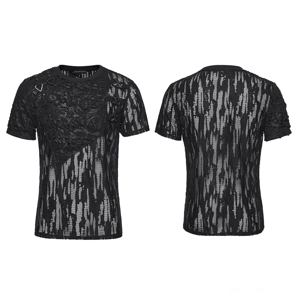 Black gothic mesh T-shirt front and back flat lay display showing asymmetric floral panel and vertical tattered mesh pattern construction