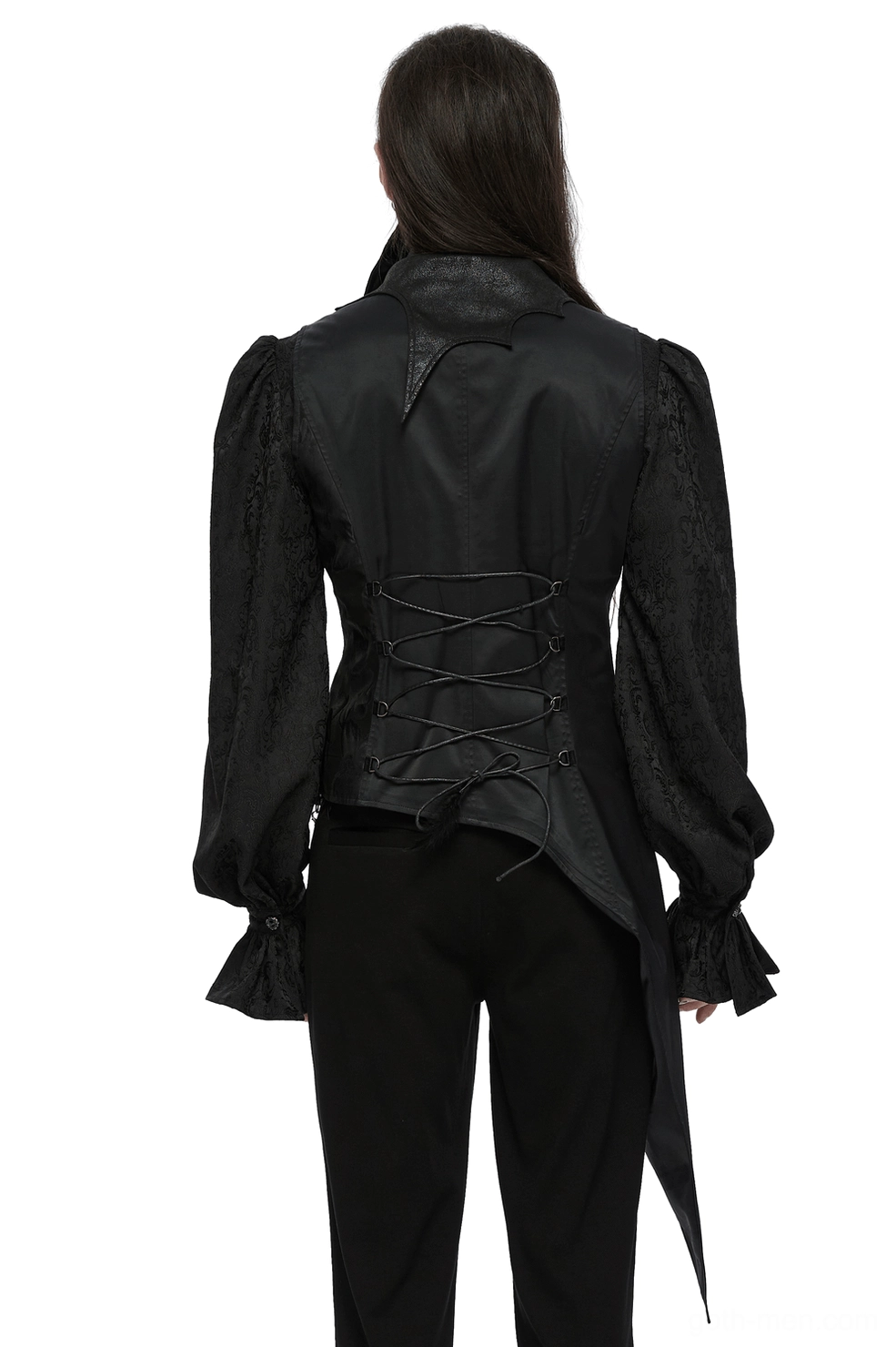 Asymmetric gothic waistcoat with irregular tail hem worn by female model over puff sleeve gothic shirt, back view