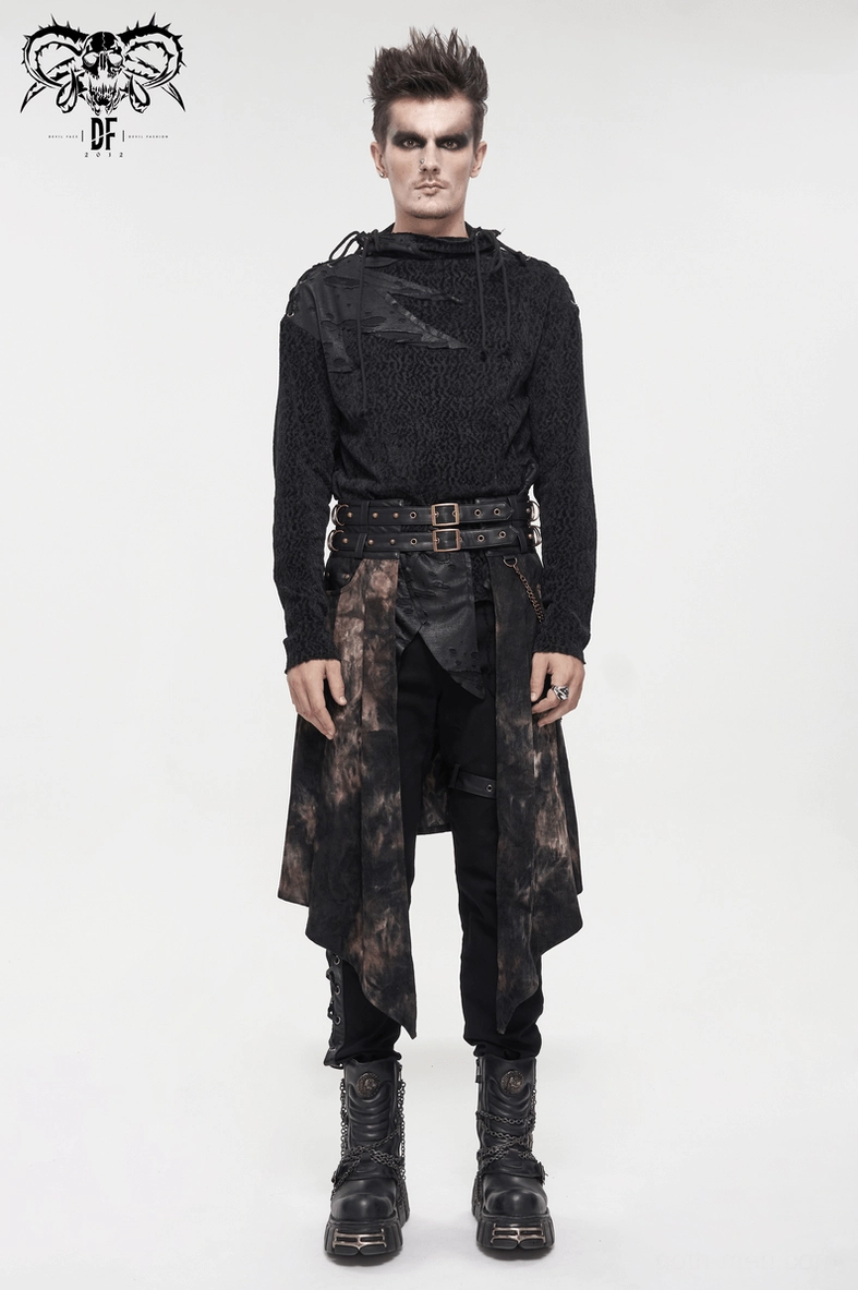 Asymmetrical gothic half skirt for men - full-body front view showing dramatic silhouette and dark aesthetic