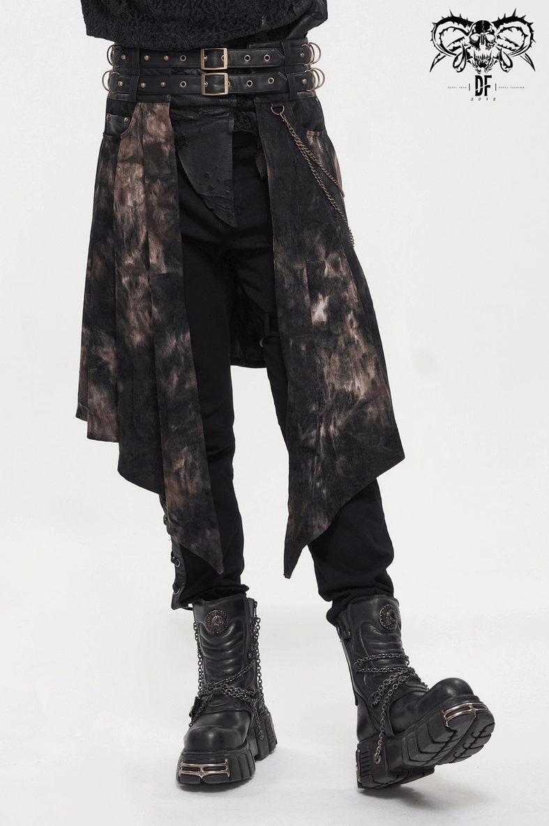 Asymmetrical gothic half skirt for men - front hemline and chain details in natural lighting
