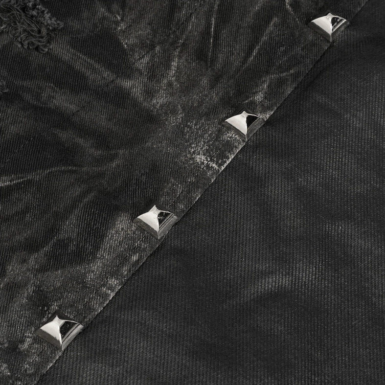 Full body styling shot of black asymmetrical gothic waistcoat with distressed finish