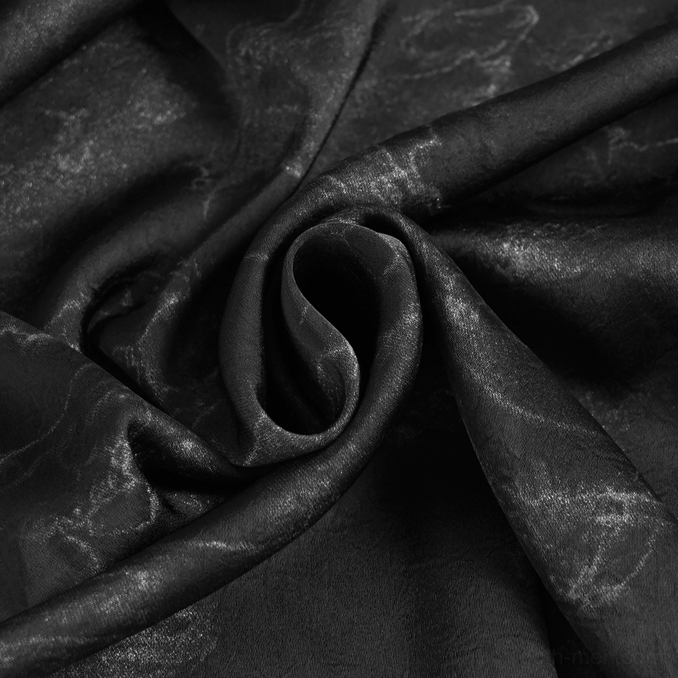 Full torso view showing asymmetrical PU harness placement on marbled black gothic shirt