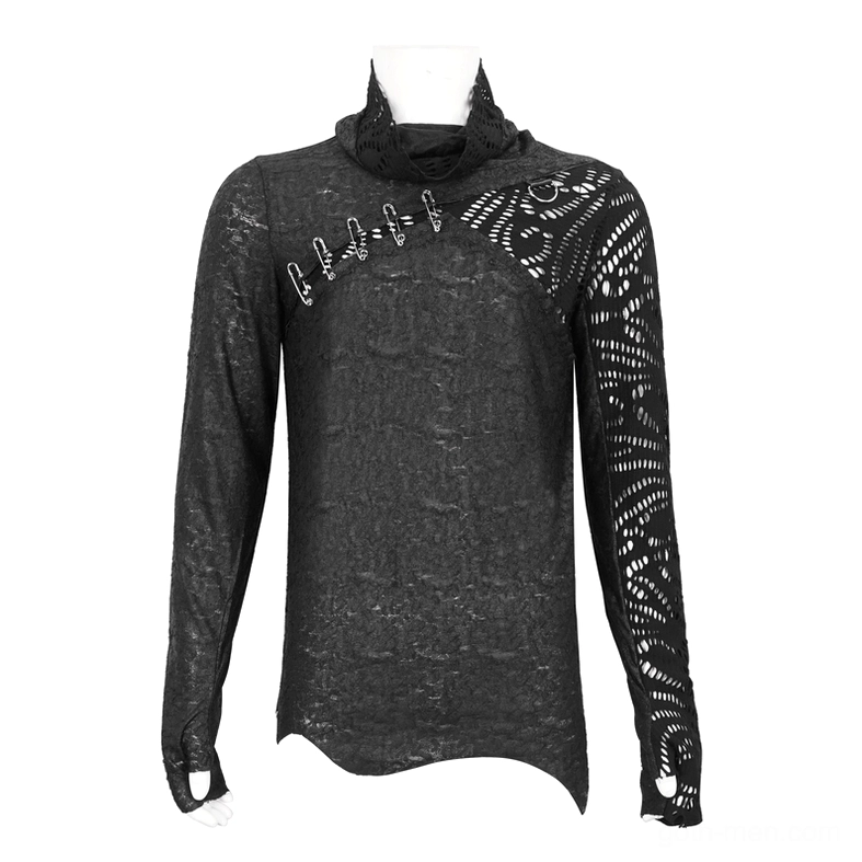 Front mannequin display of asymmetrical gothic mesh top with turtleneck, safety pin trim, and asymmetrical hemline