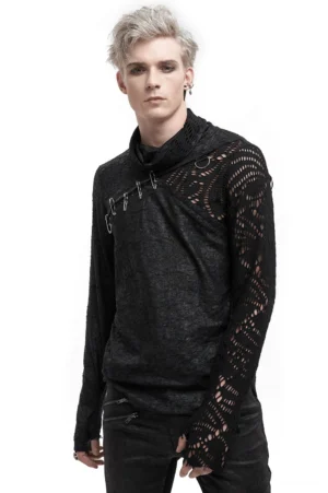 Male model wearing asymmetrical mesh gothic top with extended sleeves, safety pin trim, and removable arm garter - front view
