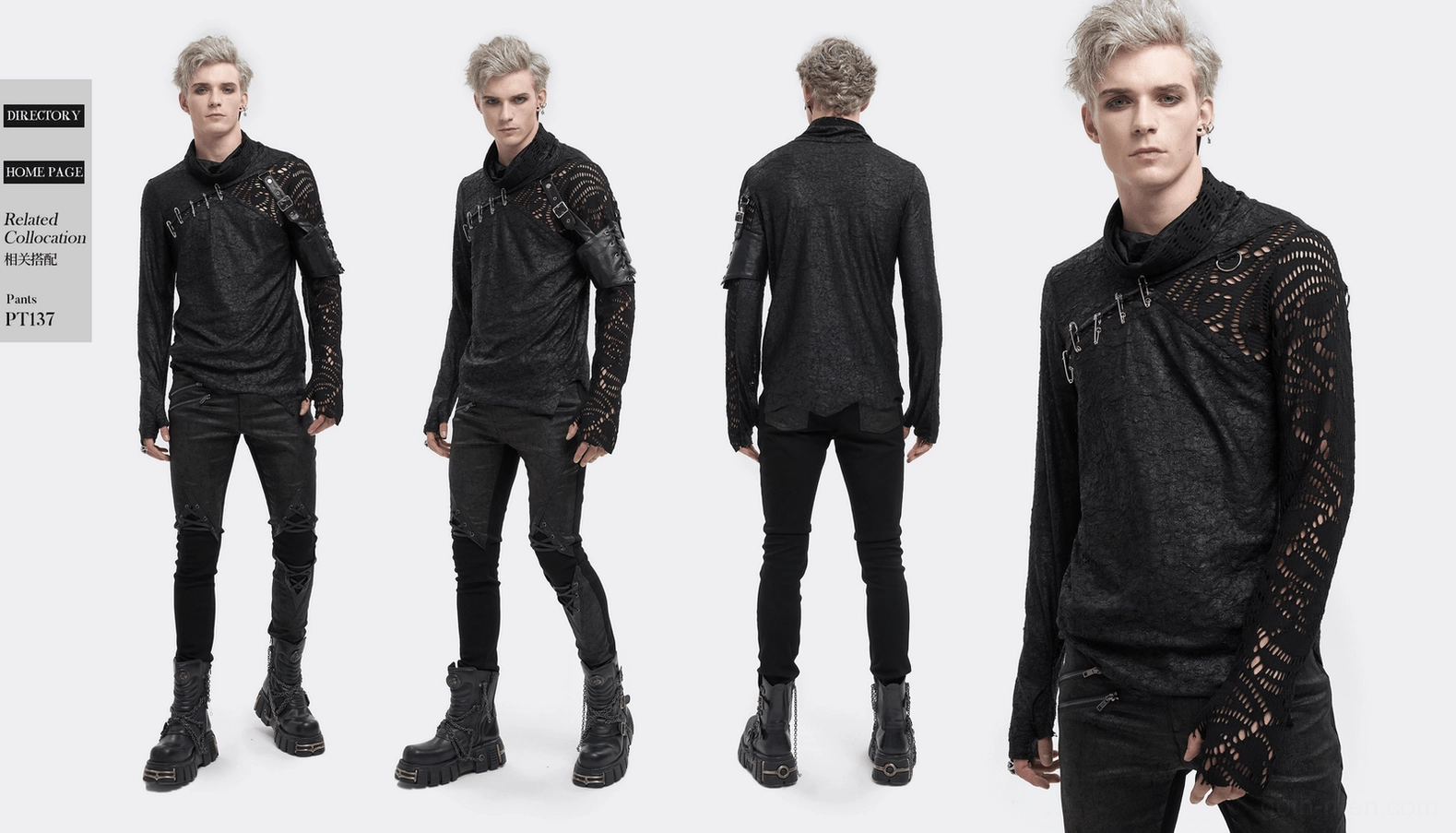 Asymmetrical mesh gothic top flat lay showing extended sleeves, mesh cutouts, and overall garment silhouette