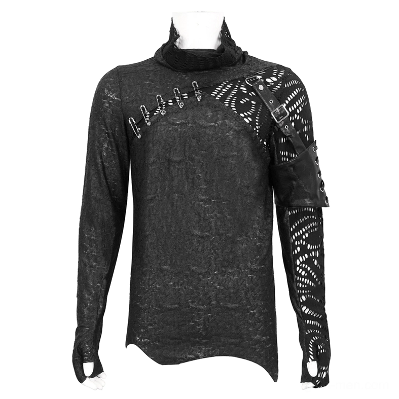 Mannequin display of asymmetrical mesh gothic top featuring turtleneck collar, fingerless cuffs, and lace cutout sleeve panels