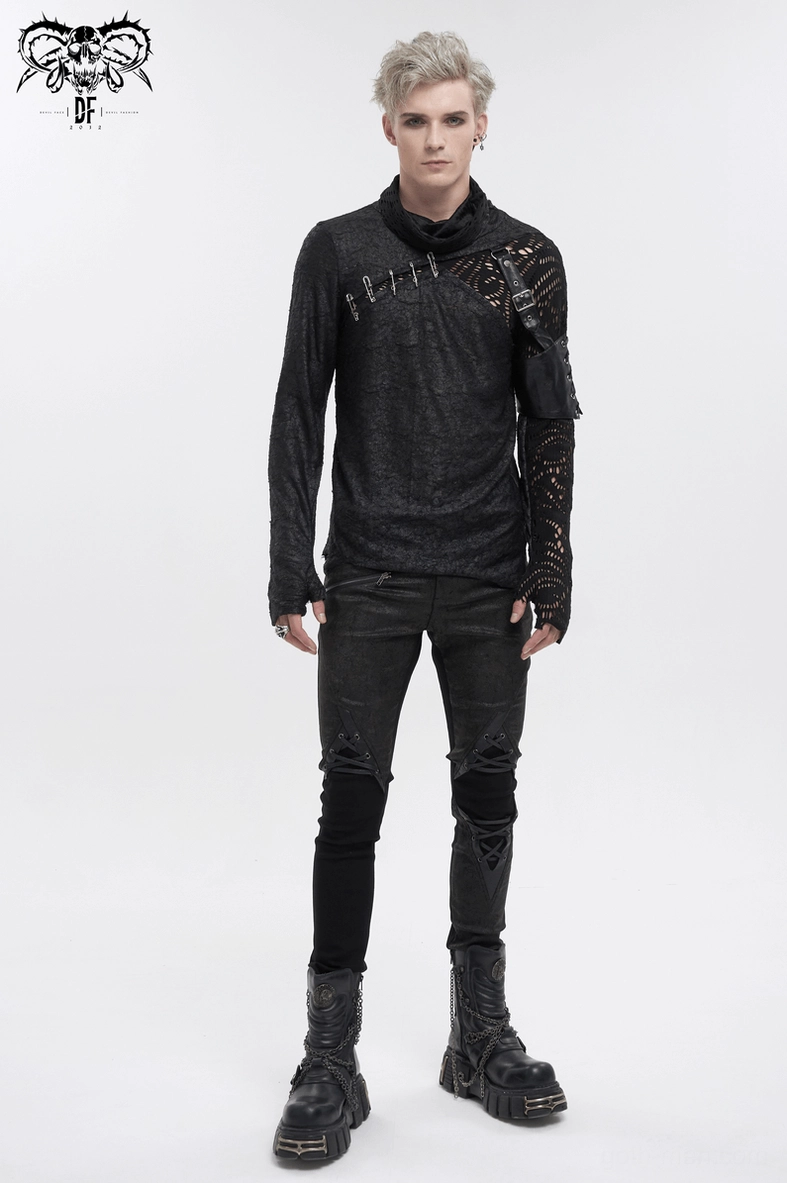 Asymmetrical mesh gothic extended-sleeve top showcasing industrial hardware and layered design elements