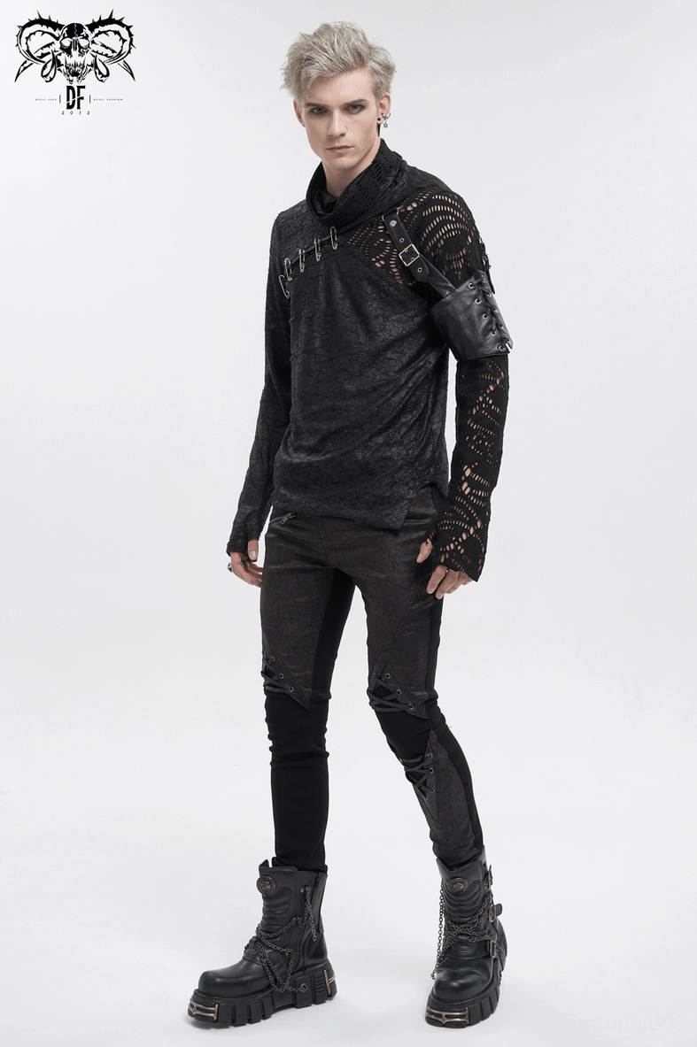 Full view of asymmetrical gothic mesh top demonstrating irregular hemline construction and architectural asymmetry