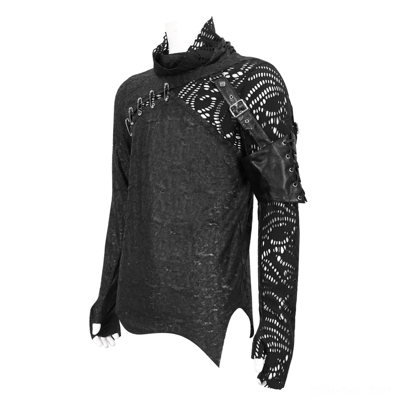 Three-quarter rear mannequin view of asymmetrical mesh gothic top with leather shoulder accent and buckle details