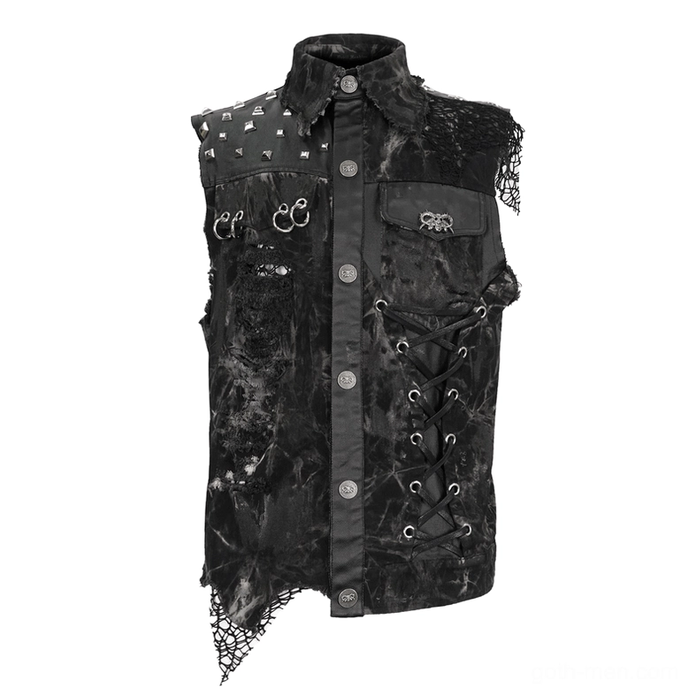 Black punk rock waistcoat full front view with torn mesh trims and metal studs