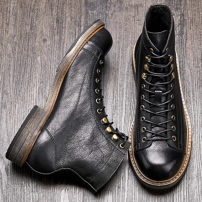 Authentic men's gothic lace-up ankle boots in genuine leather showcasing distressed vintage aesthetic and round toe silhouette