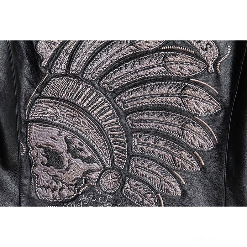 Black genuine leather gothic biker jacket full body display showing authentic embroidered skull design