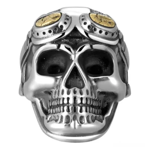925 sterling silver aviator skull ring front view with pilot goggles detail gothic biker jewelry