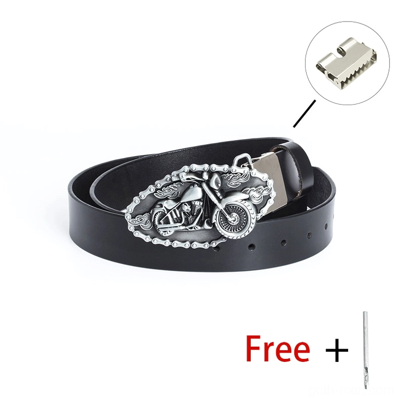 B Silver Black motorcycle buckle belt in unisex style, full length adjustable leather strap with vintage metal motorcycle buckle