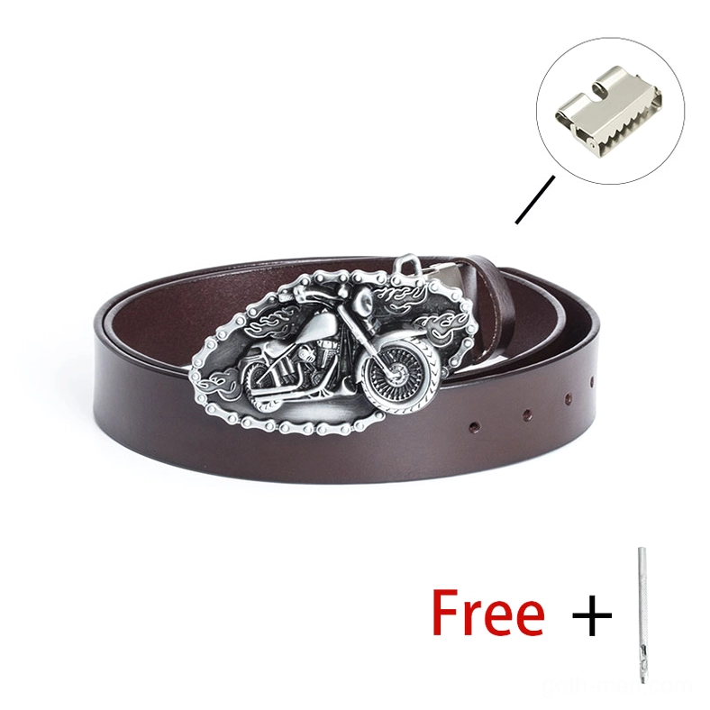 B Silver Coffee brown leather motorcycle biker belt with vintage silver metal motorcycle-themed buckle, adjustable unisex fit