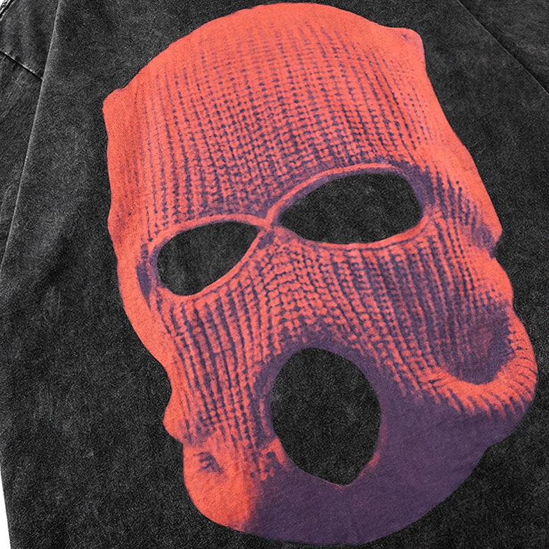 Close-up of red balaclava graphic print on black washed cotton gothic tee