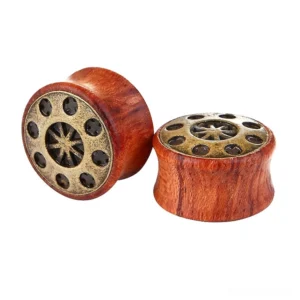 Bamboo wood ear gauges with UFO starburst bronze design, 14mm-30mm gothic flesh tunnels front view