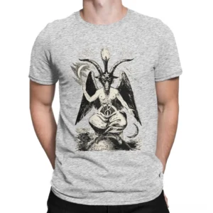 Men's heather grey gothic baphomet demon print cotton t-shirt front view