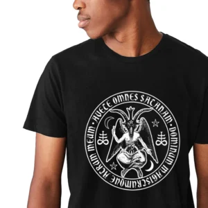 Close-up detail of Baphomet satanic cross graphic print on black cotton gothic t-shirt chest