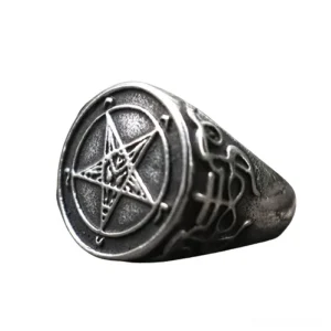 Baphomet pentagram signet ring stainless steel gothic occult jewelry front view antiqued silver