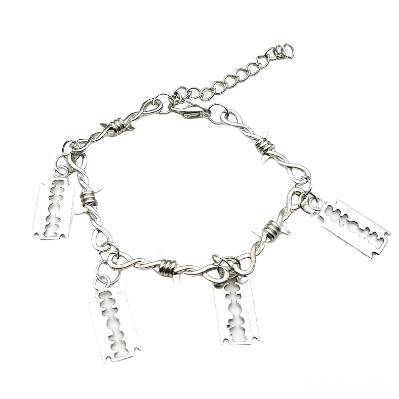 Barbed wire razor blade gothic bracelet flat lay top-down view with adjustable extension chain, silver metal, unisex alternative jewelry