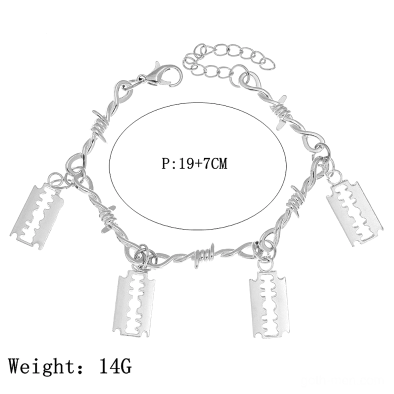 Barbed wire razor blade gothic bracelet product specifications showing 19+7cm length, 14g weight, four razor charm pendants