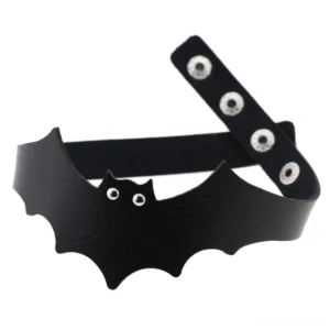 Bat leather choker showing adjustable metal snap strap mechanism, oblique angle display