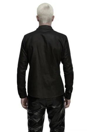 Gothic faux leather shirt rear view on male model - matte black finish and fitted silhouette