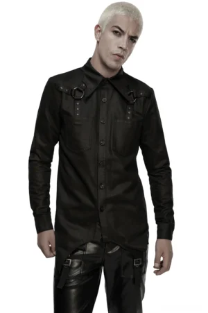 Black bat collar gothic faux leather shirt front view on male model - D-ring shoulder straps and pointed hem detail