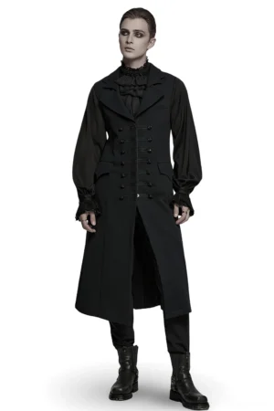 Black bat collar gothic waistcoat front view on model - double row ornamental buttons and structured silhouette