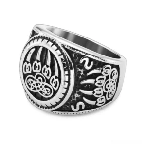 Bear Paw Celtic Knot Gothic Amulet Ring - Stainless Steel left three-quarter oblique view with embossed bear claw and Celtic knot patterns